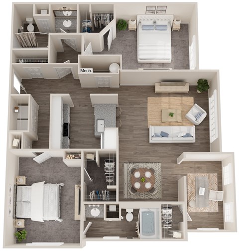 Floor plan for 2 beds, 2 baths, 1320 sqft